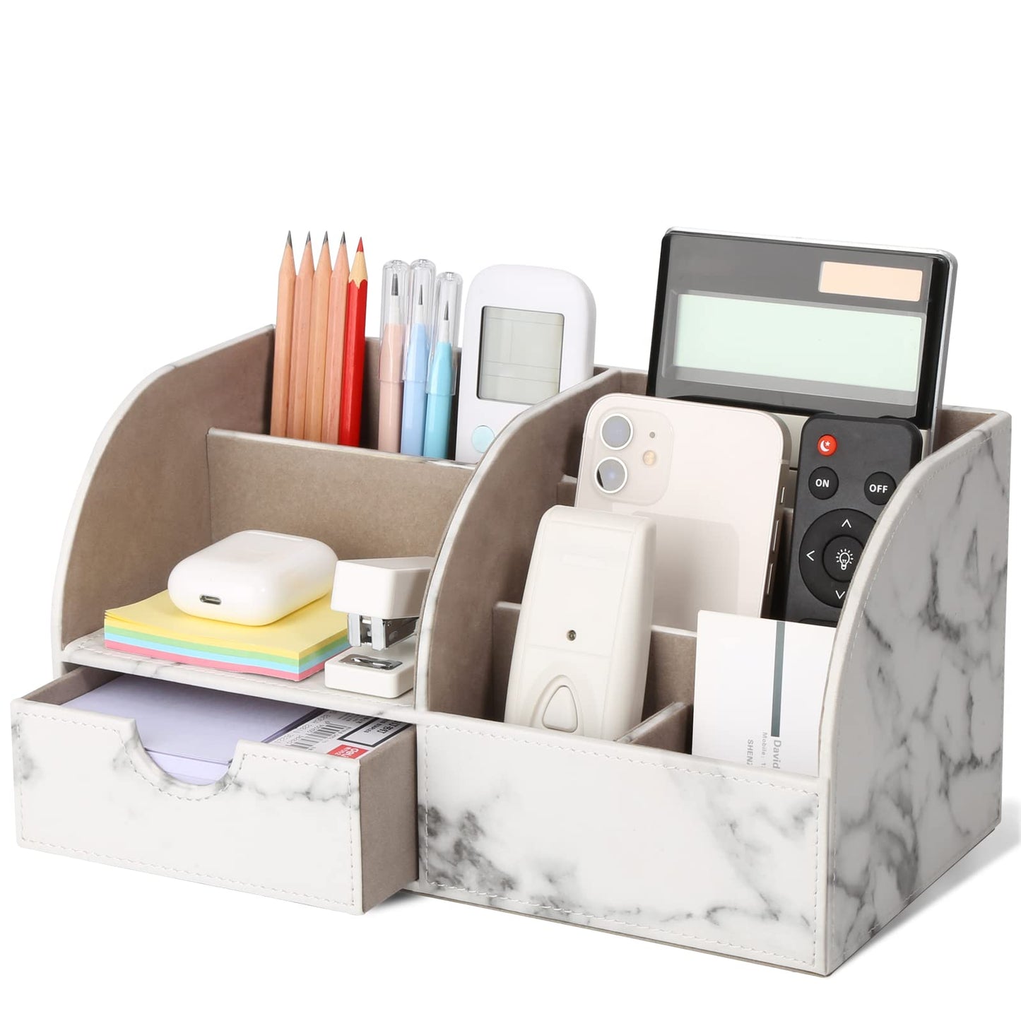 GORESE Organisateur de Bureau, Rangement de Bureau en Cuir Pot à Crayons Porte-Stylo Peu Encombrant, 4 Compartiments de Stylos, Agrafeuses, Dossiers, Notes Autocollantes, Téléphones(Noir 1)
