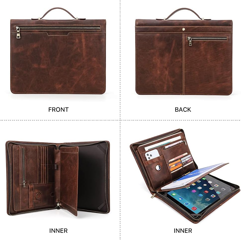 Hiram Porte-documents D'affaires en cuir Portefeuille Padfolios de Travail en Cuir avec Étui à Fermeture Éclair pour iPad12.9" avec Pochette pour Ordinateur Portable 13.3" Droitier