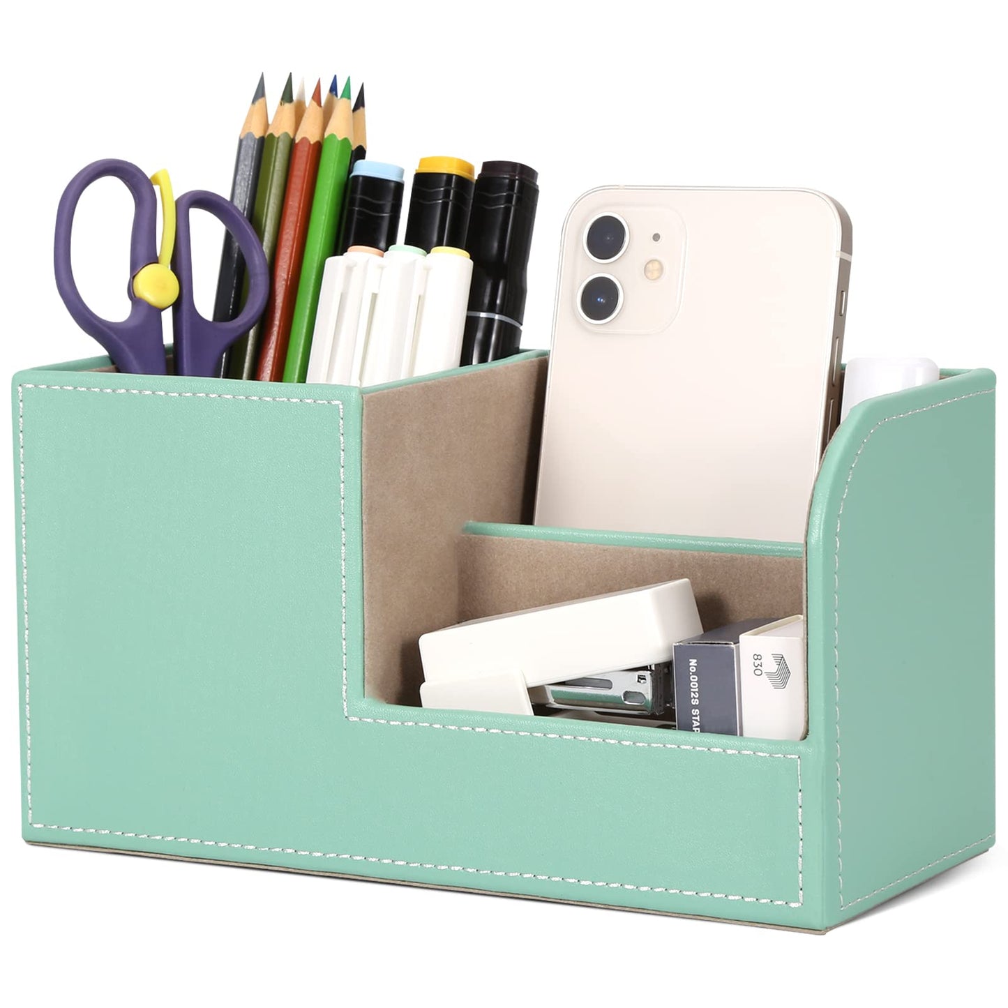GORESE Organisateur de Bureau, Rangement de Bureau en Cuir Pot à Crayons Porte-Stylo Peu Encombrant, 4 Compartiments de Stylos, Agrafeuses, Dossiers, Notes Autocollantes, Téléphones(Noir 1)