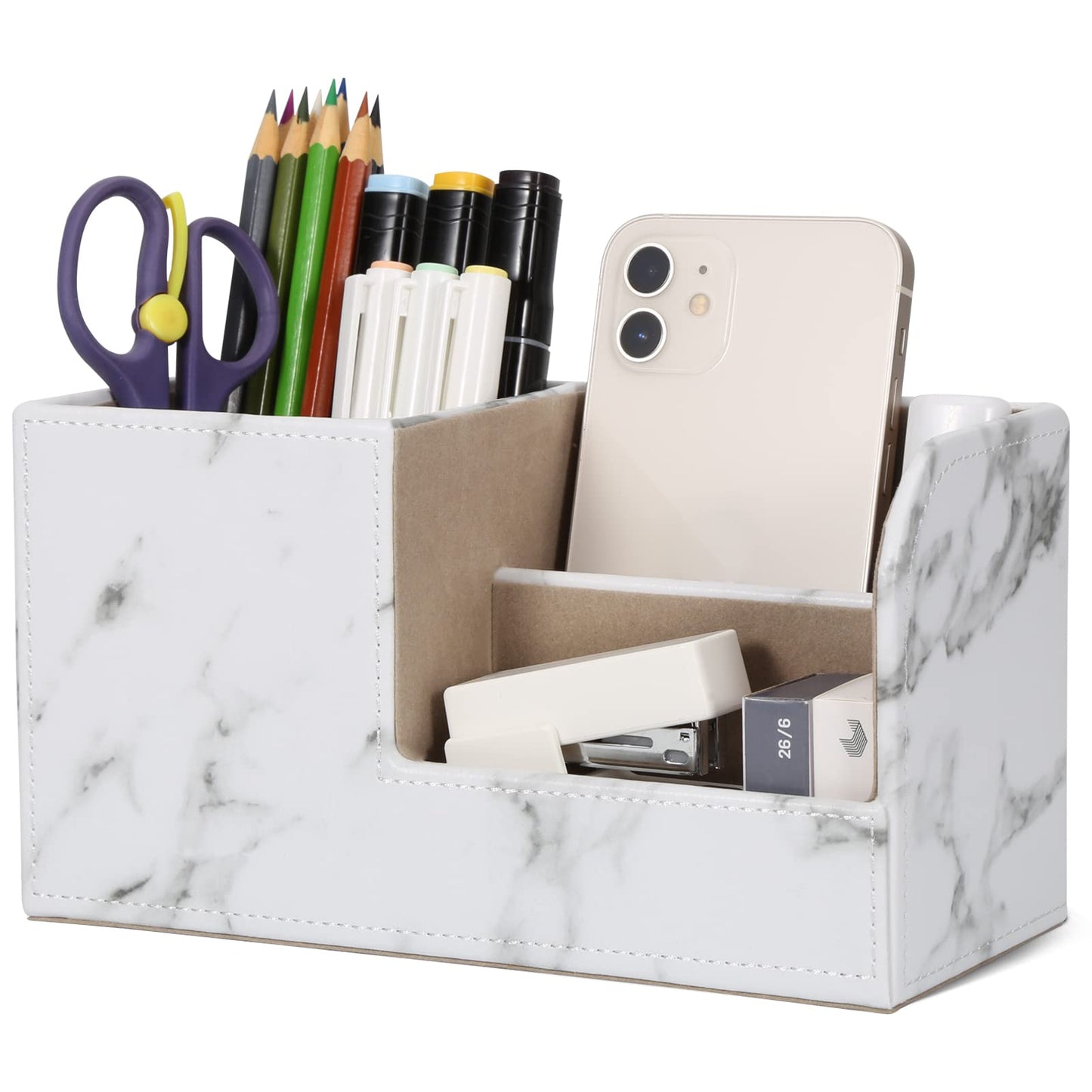 GORESE Organisateur de Bureau, Rangement de Bureau en Cuir Pot à Crayons Porte-Stylo Peu Encombrant, 4 Compartiments de Stylos, Agrafeuses, Dossiers, Notes Autocollantes, Téléphones(Noir 1)