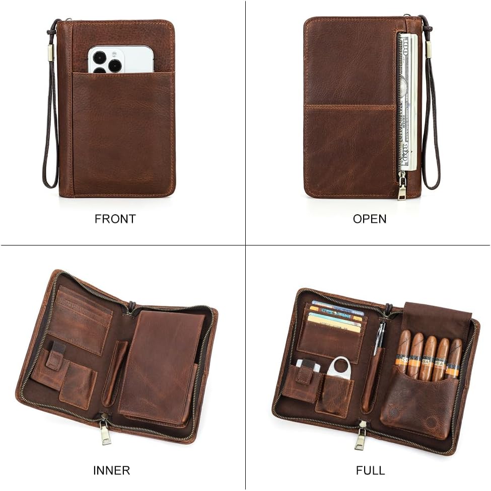 Contacts Cave à Cigares Portable de Voyage - Étui en Cuir pour 5 Cigares, Organisateur Multifonctionnel, Marron (Sans Accessoires)