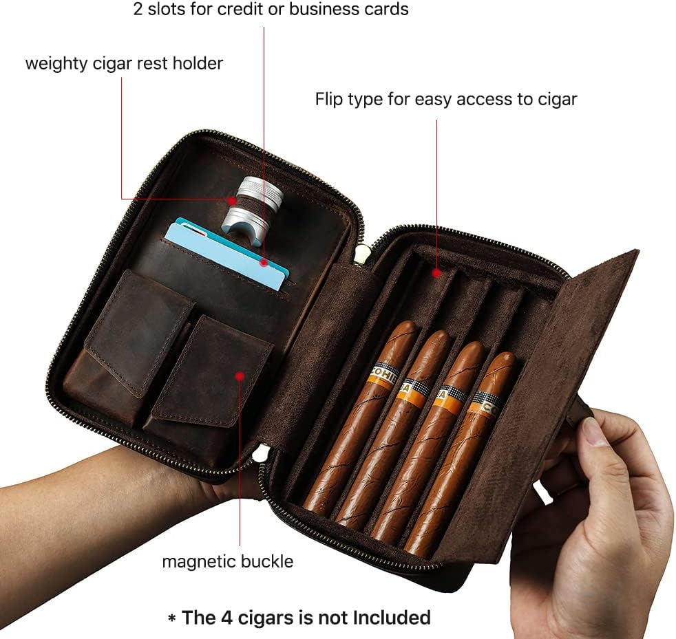 Hiram Cave à cigares en cuir véritable portable multifonction pour homme, 5012-café, For 4 Cigars, Cuir vintage