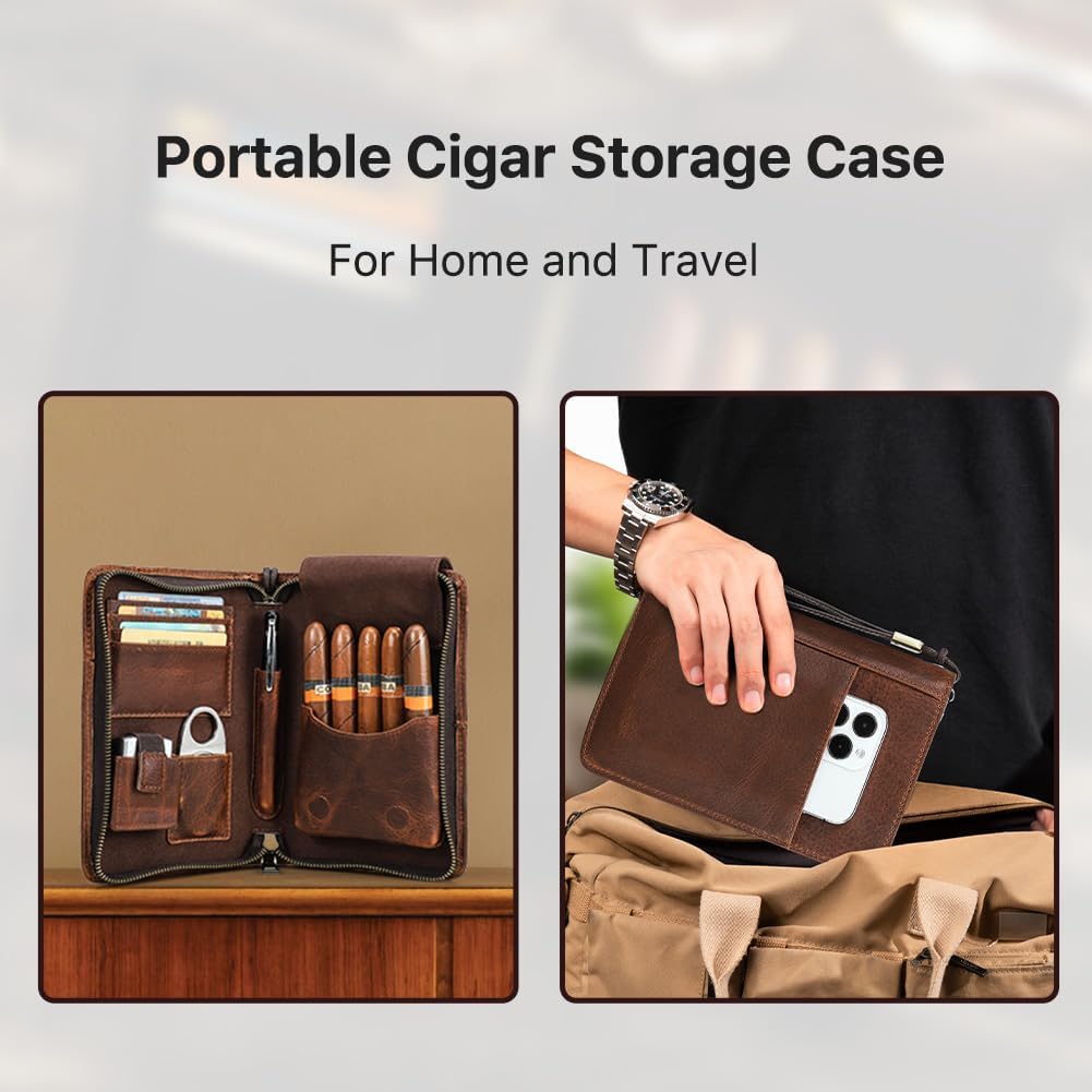 Contacts Cave à Cigares Portable de Voyage - Étui en Cuir pour 5 Cigares, Organisateur Multifonctionnel, Marron (Sans Accessoires)