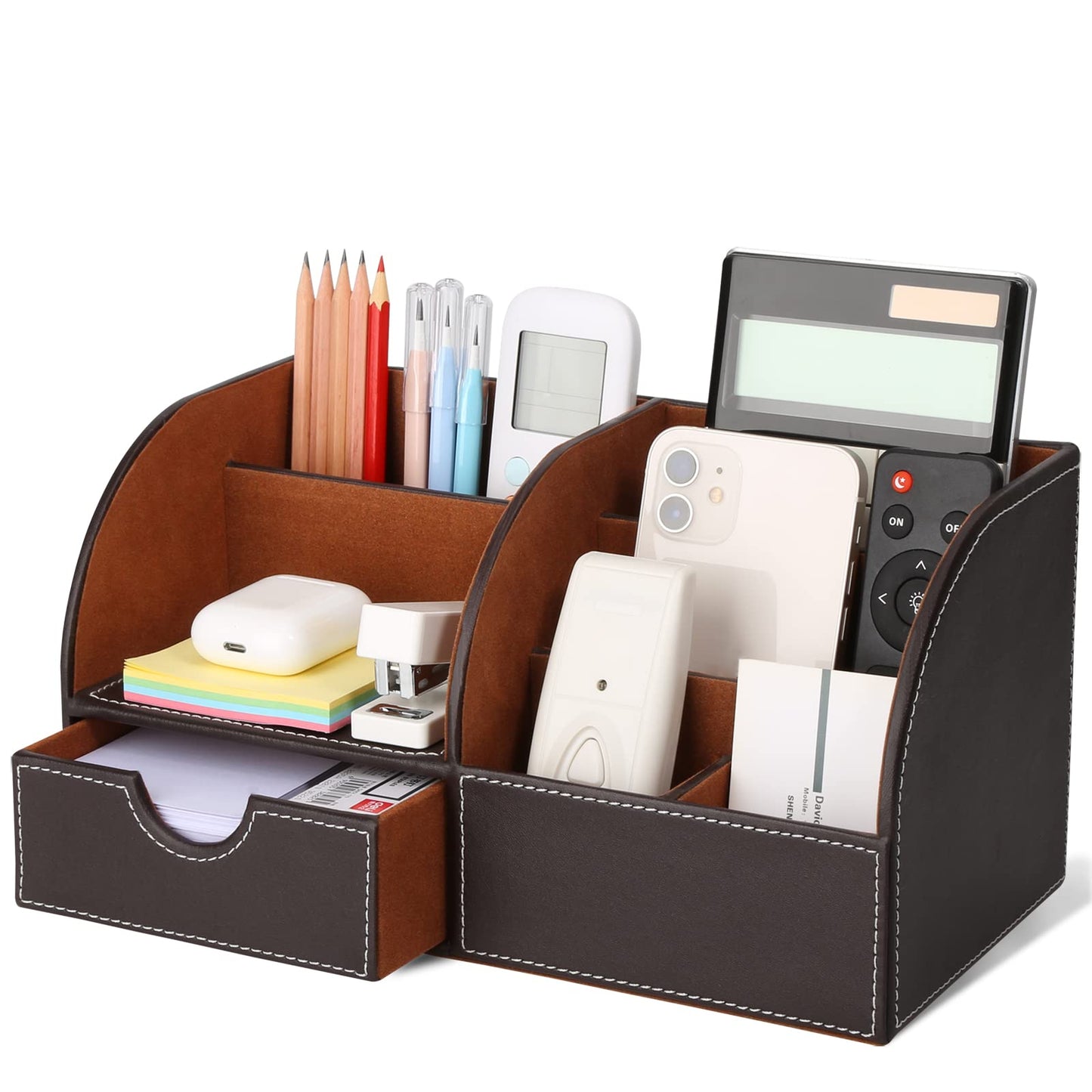 GORESE Organisateur de Bureau, Rangement de Bureau en Cuir Pot à Crayons Porte-Stylo Peu Encombrant, 4 Compartiments de Stylos, Agrafeuses, Dossiers, Notes Autocollantes, Téléphones(Noir 1)
