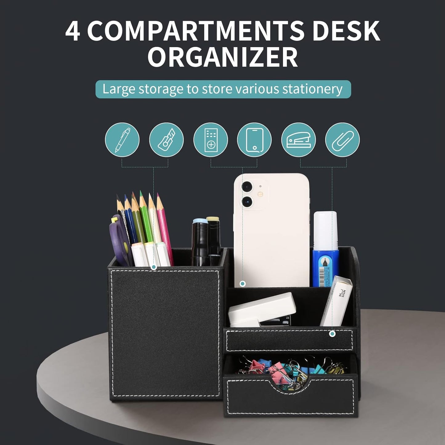 GORESE Organisateur de Bureau, Rangement de Bureau en Cuir Pot à Crayons Porte-Stylo Peu Encombrant, 4 Compartiments de Stylos, Agrafeuses, Dossiers, Notes Autocollantes, Téléphones(Noir 1)