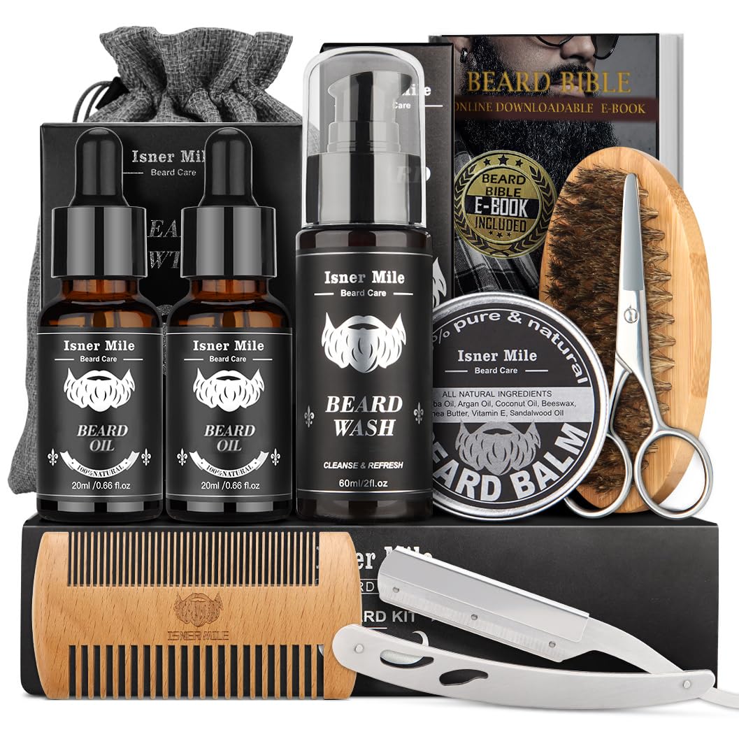 Kit Barbe pour Hommes, Coffrets de Soins pour Cheveux avec Huile à Barbe, Ciseaux pour Moustache et Barbe, Brosse Barbe, Shampooing Barbe, Peigne, Cadeau pour Homme, Coffret Cadeau Homme pour Papa