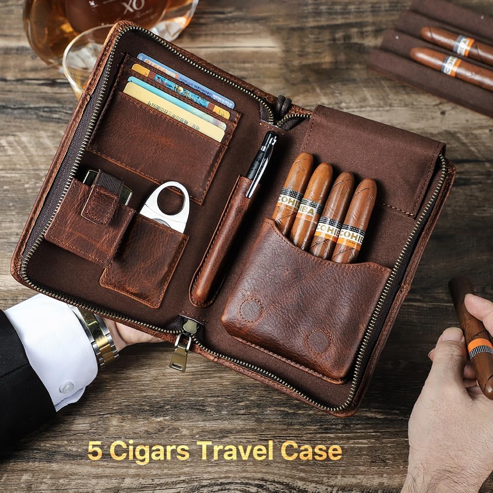Contacts Cave à Cigares Portable de Voyage - Étui en Cuir pour 5 Cigares, Organisateur Multifonctionnel, Marron (Sans Accessoires)