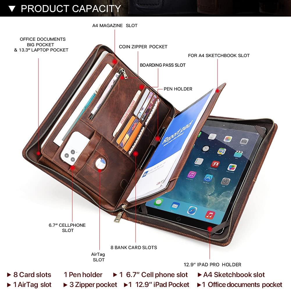 Hiram Porte-documents D'affaires en cuir Portefeuille Padfolios de Travail en Cuir avec Étui à Fermeture Éclair pour iPad12.9" avec Pochette pour Ordinateur Portable 13.3" Droitier