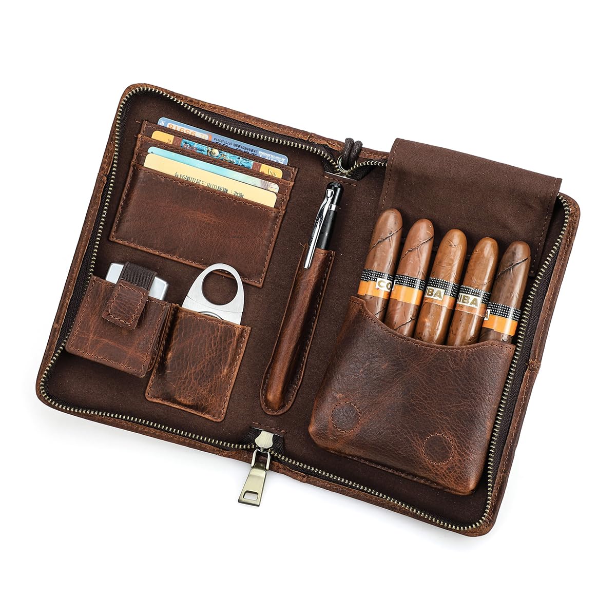 Contacts Cave à Cigares Portable de Voyage - Étui en Cuir pour 5 Cigares, Organisateur Multifonctionnel, Marron (Sans Accessoires)
