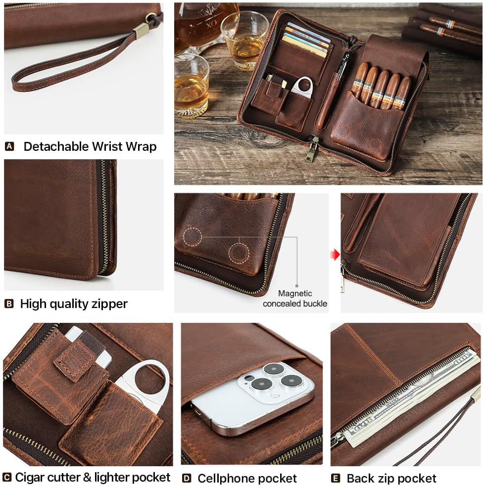 Contacts Cave à Cigares Portable de Voyage - Étui en Cuir pour 5 Cigares, Organisateur Multifonctionnel, Marron (Sans Accessoires)