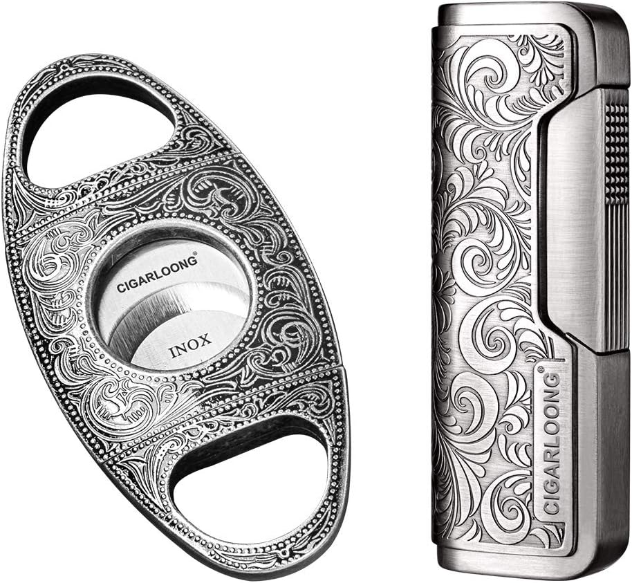 CIGARLOONG Coupe Cigare et Briquet Ensemble Lame Tranchante Guillotine à Cigare Gravée et Briquet Sculpté Rétro (Argent)