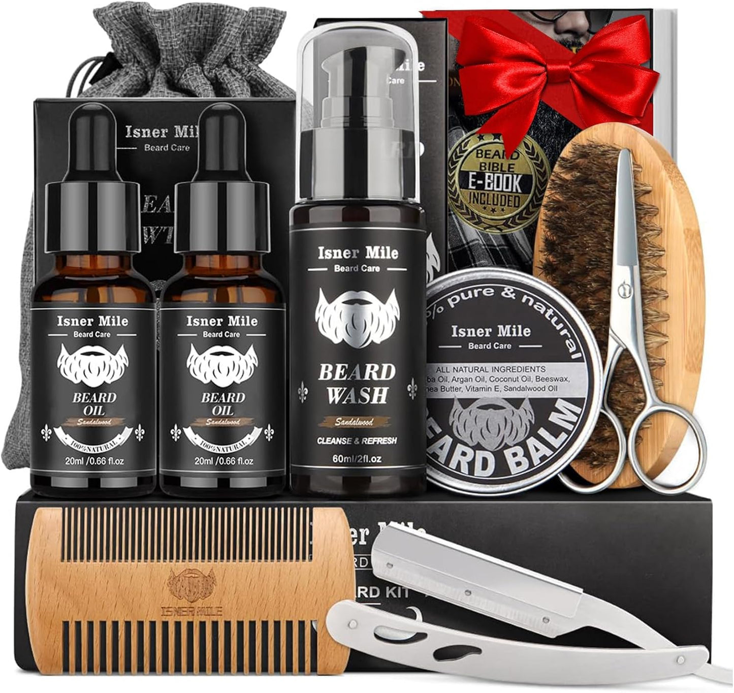 Kit Barbe pour Hommes, Coffrets de Soins pour Cheveux avec Huile à Barbe, Ciseaux pour Moustache et Barbe, Brosse Barbe, Shampooing Barbe, Peigne, Cadeau pour Homme, Coffret Cadeau Homme pour Papa