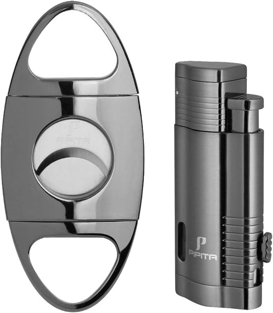 PIPITA Lot de 2 Briquet Torche & Coupeur Ensemble-Cadeau, Coupe-Vent 3 Torche Jet Briquet, Briquet au gaz Butane Rechargeable, Emballage avec Belle boîte-Cadeau (Non Gaz Inclus)