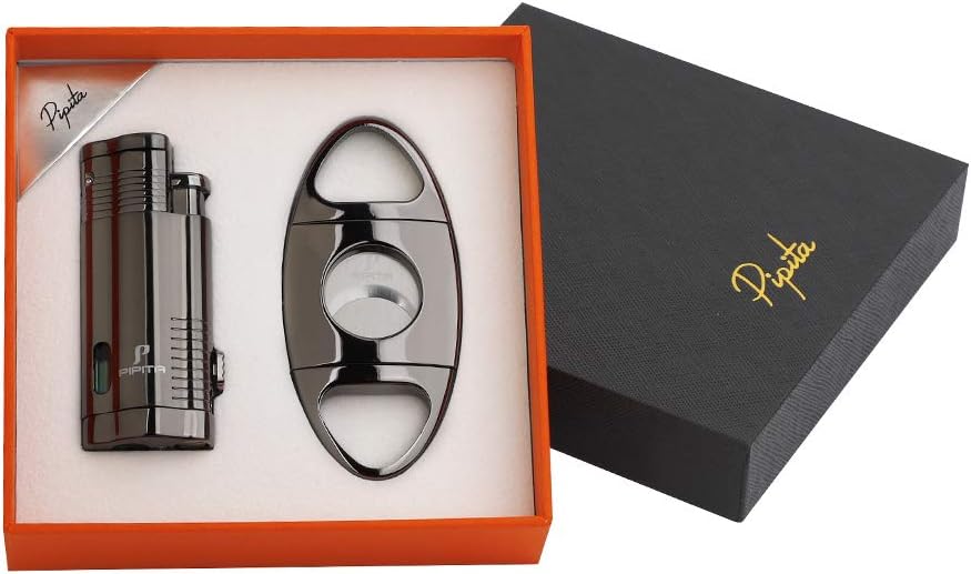 PIPITA Lot de 2 Briquet Torche & Coupeur Ensemble-Cadeau, Coupe-Vent 3 Torche Jet Briquet, Briquet au gaz Butane Rechargeable, Emballage avec Belle boîte-Cadeau (Non Gaz Inclus)
