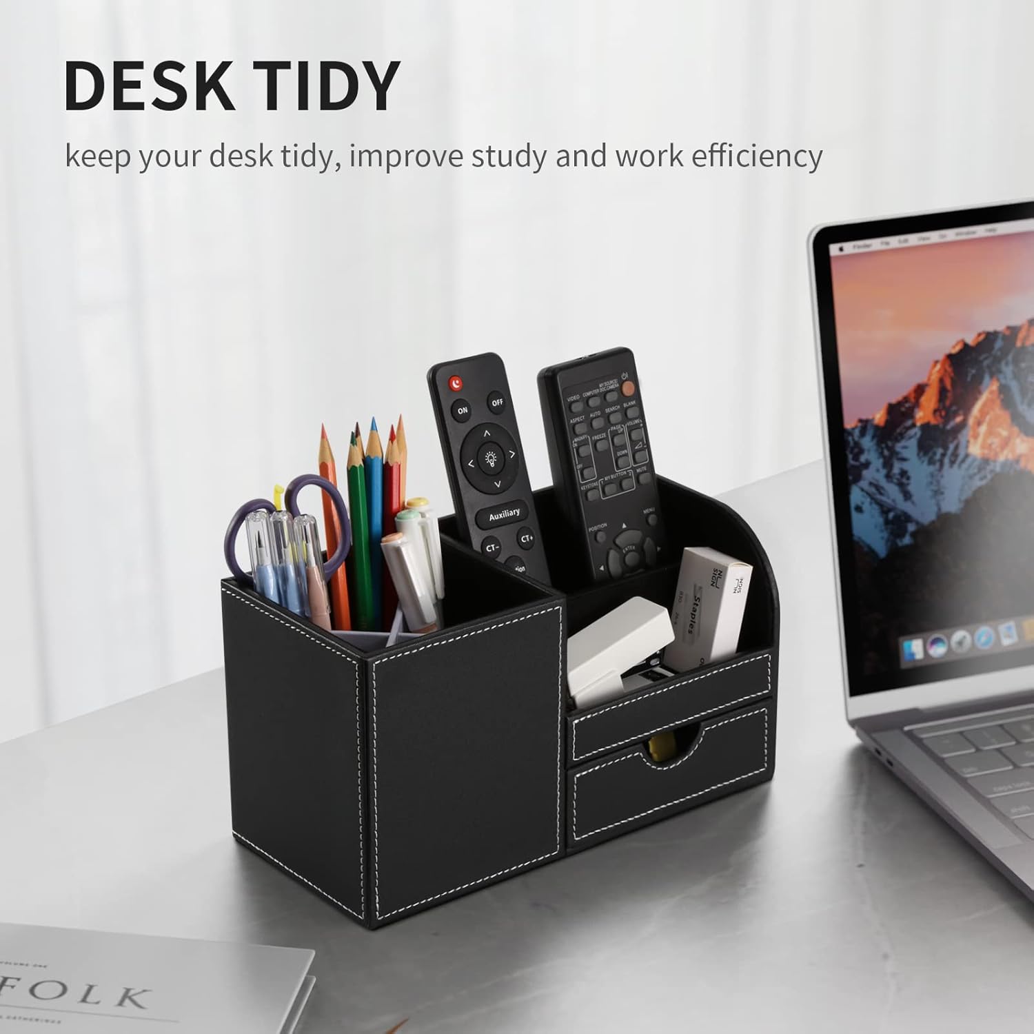 GORESE Organisateur de Bureau, Rangement de Bureau en Cuir Pot à Crayons Porte-Stylo Peu Encombrant, 4 Compartiments de Stylos, Agrafeuses, Dossiers, Notes Autocollantes, Téléphones(Noir 1)