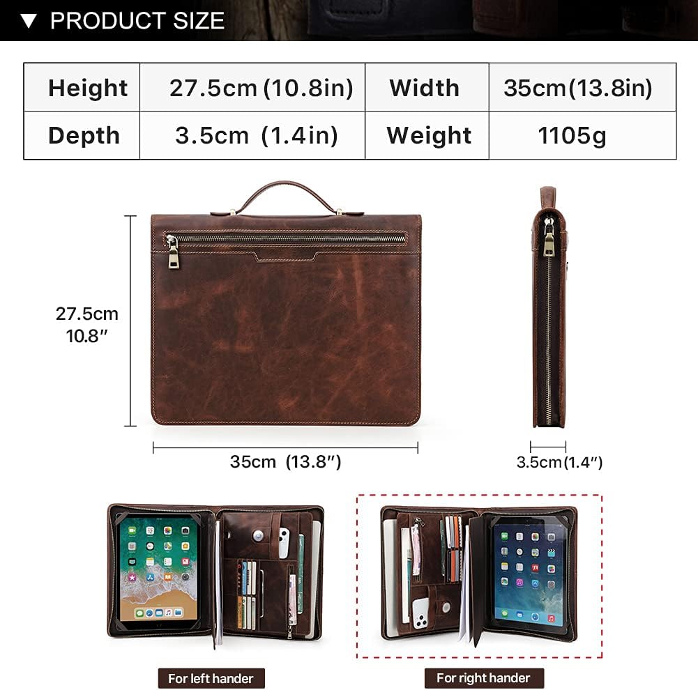 Hiram Porte-documents D'affaires en cuir Portefeuille Padfolios de Travail en Cuir avec Étui à Fermeture Éclair pour iPad12.9" avec Pochette pour Ordinateur Portable 13.3" Droitier