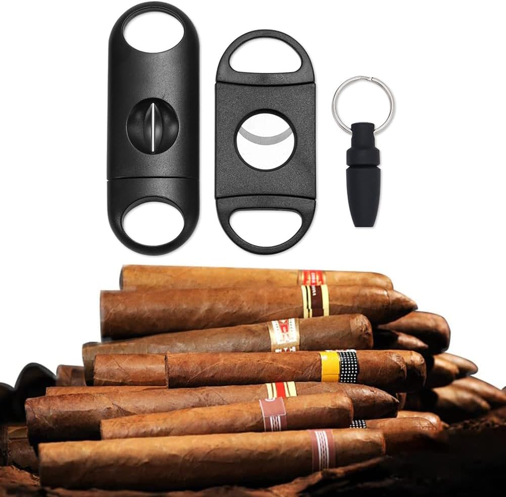 Coupe Cigare,Ciseaux Coupe Cigare,Double Lame Guillotine Cutter,Coupe Cigare Guillotine,Couteau de Cigare de Poche de Cigarette d'acier Inoxydable,Convient à la plupart des cigares, 3PC(Noir)