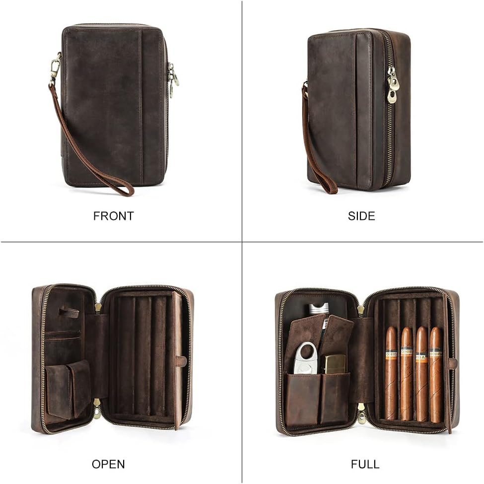 Hiram Cave à cigares en cuir véritable portable multifonction pour homme, 5012-café, For 4 Cigars, Cuir vintage