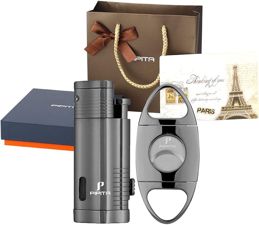 PIPITA Lot de 2 Briquet Torche & Coupeur Ensemble-Cadeau, Coupe-Vent 3 Torche Jet Briquet, Briquet au gaz Butane Rechargeable, Emballage avec Belle boîte-Cadeau (Non Gaz Inclus)