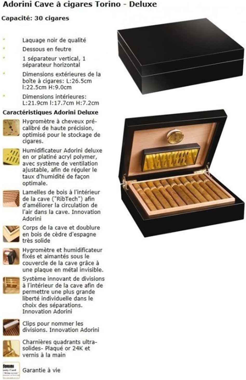 adorini Torino Humidor - Deluxe en Noir | hygromètre Cheveux de Haute précision pour Le Stockage de 30 cigares | boîte à cigares pour réguler l'humidité