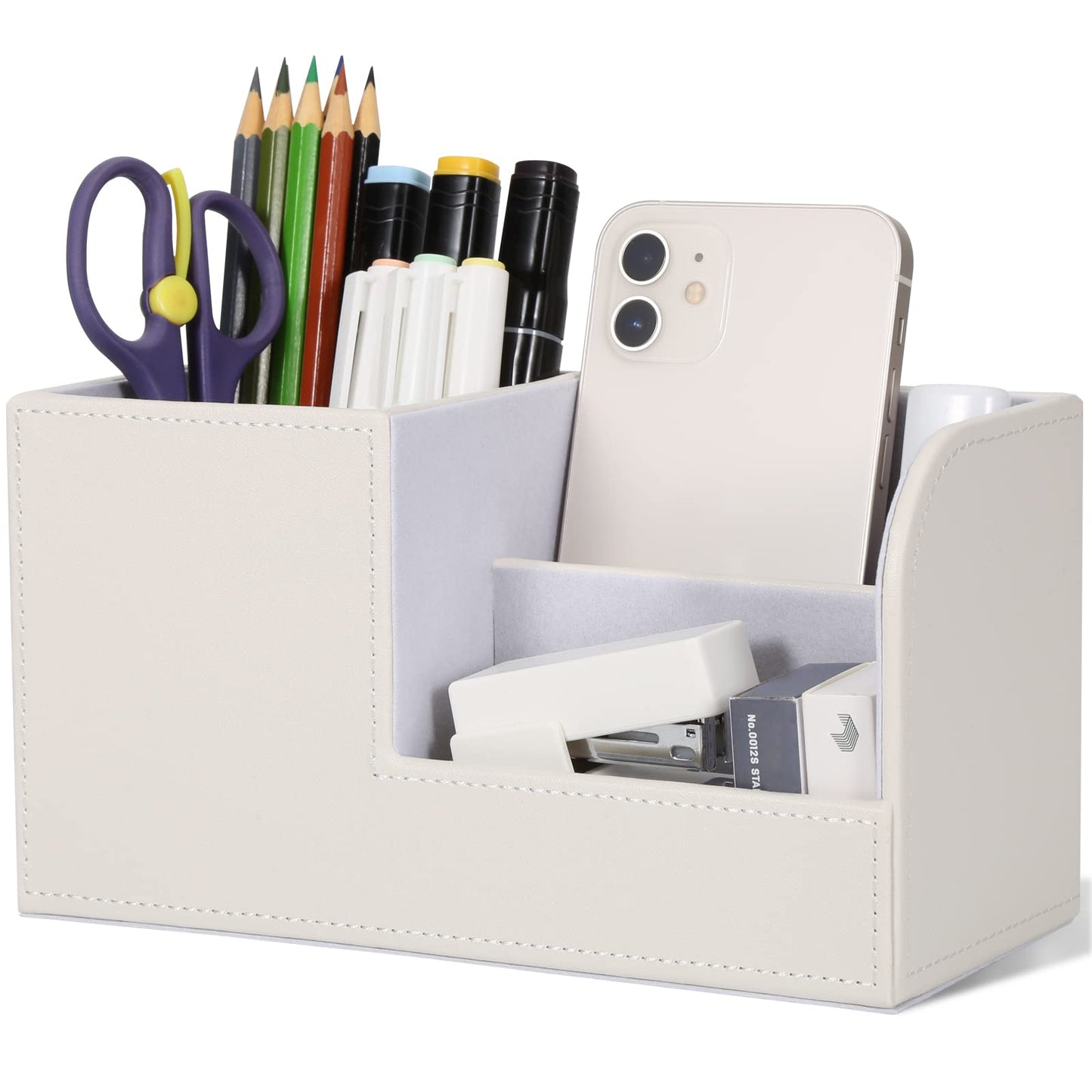 GORESE Organisateur de Bureau, Rangement de Bureau en Cuir Pot à Crayons Porte-Stylo Peu Encombrant, 4 Compartiments de Stylos, Agrafeuses, Dossiers, Notes Autocollantes, Téléphones(Noir 1)