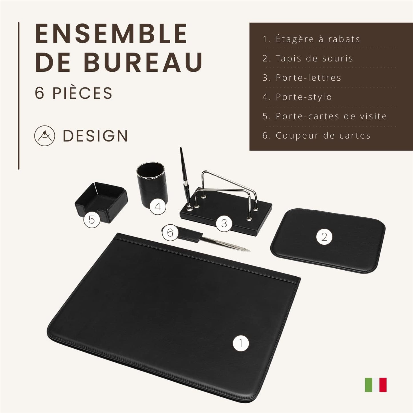 Ensemble de bureau 6 pièces – 100% cuir pleine fleur – Fabriqué à la main en Italie par des artisans experts – Élégant et fonctionnel, idéal pour le bureau - Noir