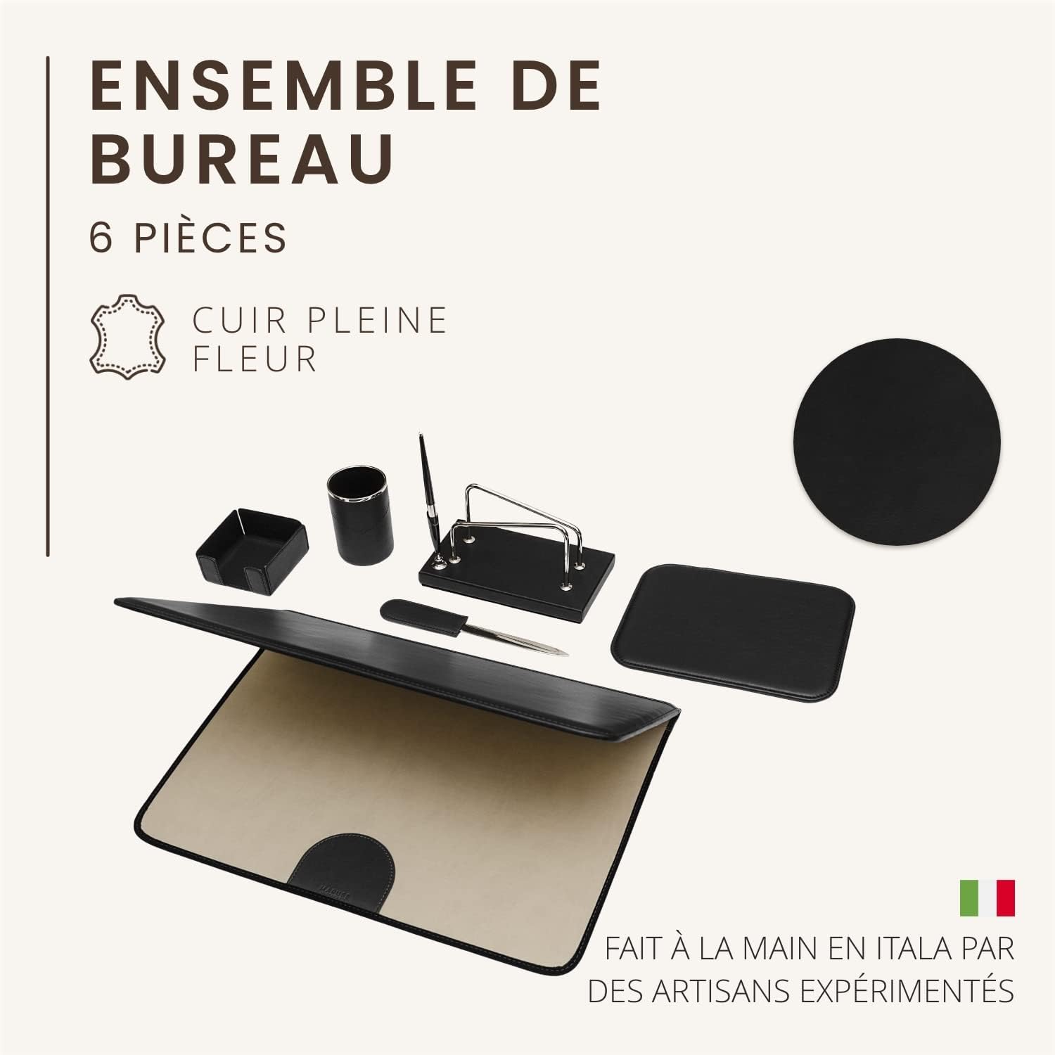 Ensemble de bureau 6 pièces – 100% cuir pleine fleur – Fabriqué à la main en Italie par des artisans experts – Élégant et fonctionnel, idéal pour le bureau - Noir