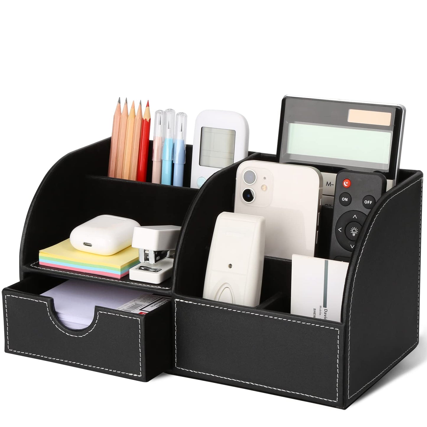 GORESE Organisateur de Bureau, Rangement de Bureau en Cuir Pot à Crayons Porte-Stylo Peu Encombrant, 4 Compartiments de Stylos, Agrafeuses, Dossiers, Notes Autocollantes, Téléphones(Noir 1)
