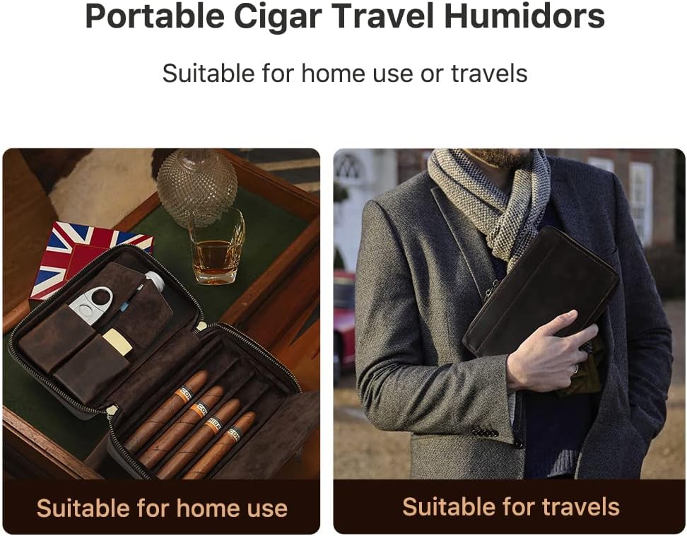 Hiram Cave à cigares en cuir véritable portable multifonction pour homme, 5012-café, For 4 Cigars, Cuir vintage