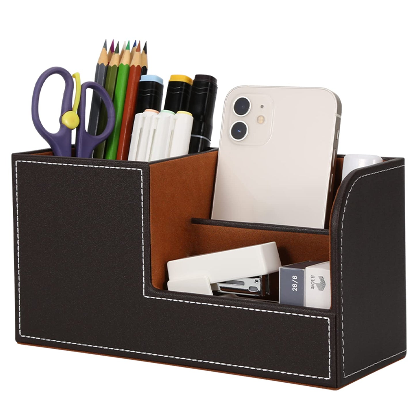 GORESE Organisateur de Bureau, Rangement de Bureau en Cuir Pot à Crayons Porte-Stylo Peu Encombrant, 4 Compartiments de Stylos, Agrafeuses, Dossiers, Notes Autocollantes, Téléphones(Noir 1)
