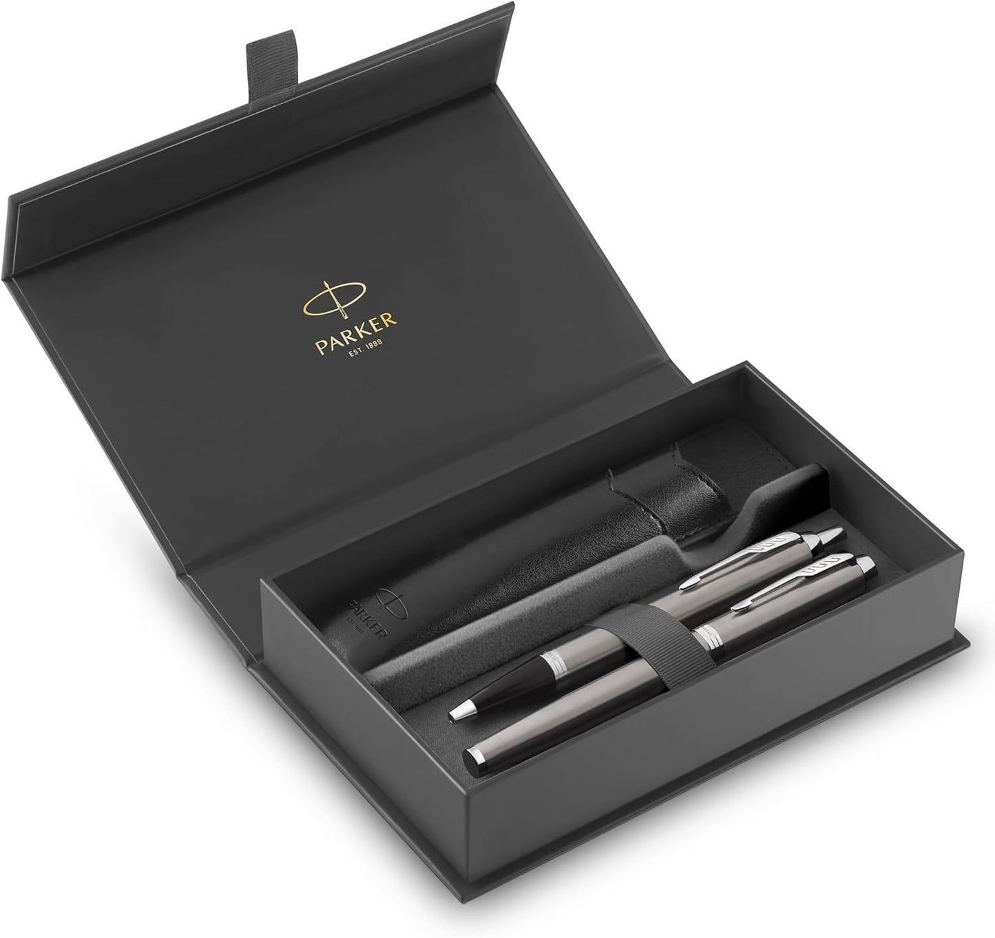 Coffret Parker IM Duo | Stylo Plume, stylo bille et étui à Stylo | Finition acier inoxydable avec garnitures chromées | Pointe moyenne | Recharges d’encre bleue | Le cadeau de fin d’études idéal