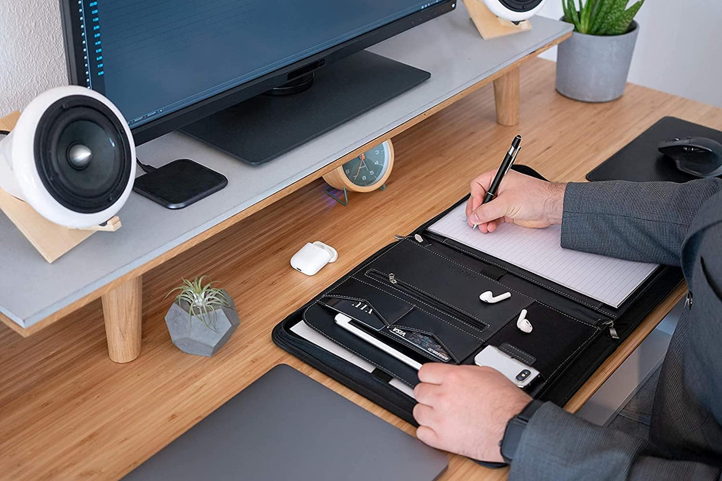 AZORIS PREMIUM® Porte Documents A4 Premium avec double fermeture Éclair et compartiment de 11 pouces pour tablette, Dossier de Conférence IPad professionnelle en cuir PU pour hommes et femmes