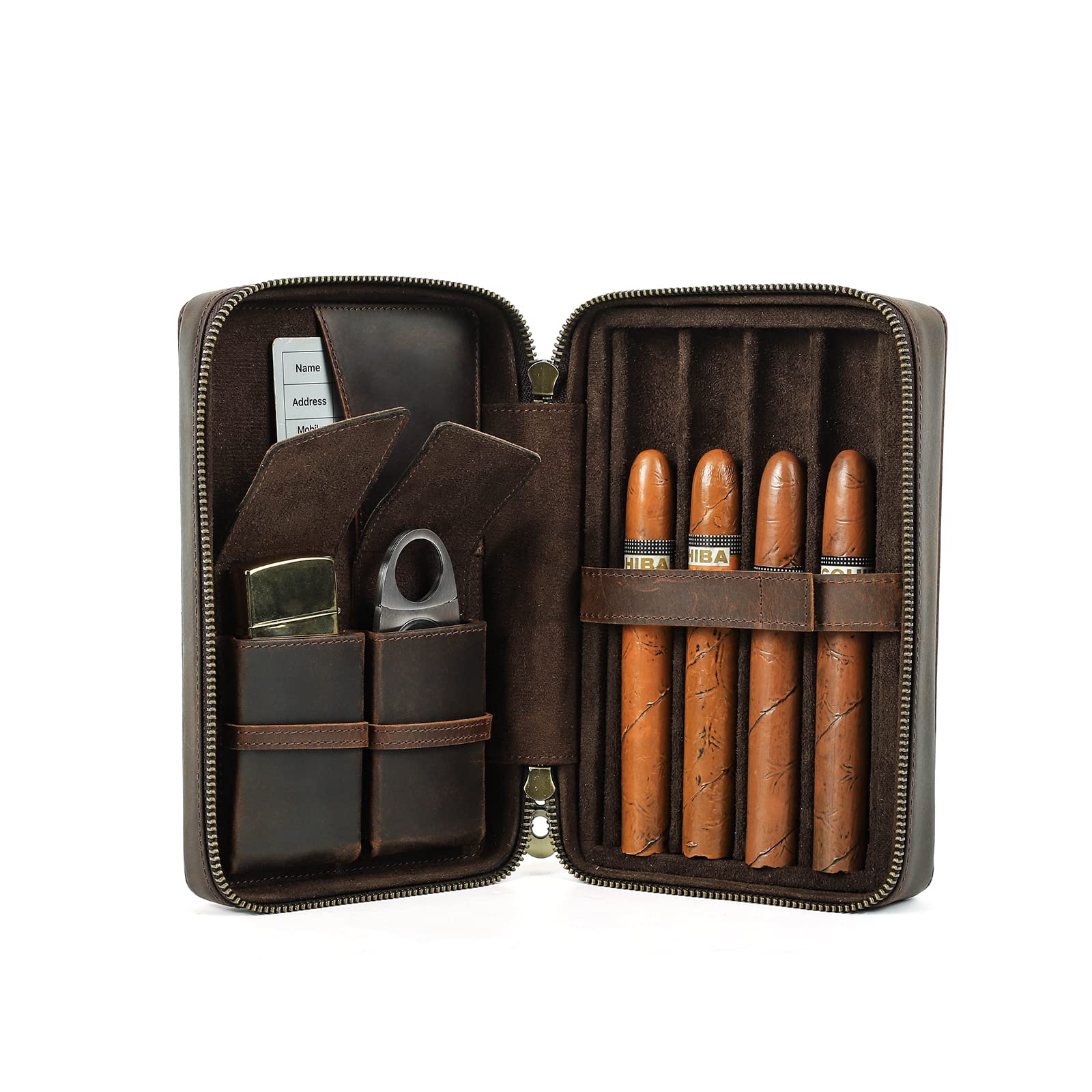 Hiram Cave à cigares en cuir véritable portable multifonction pour homme, 5012-café, For 4 Cigars, Cuir vintage