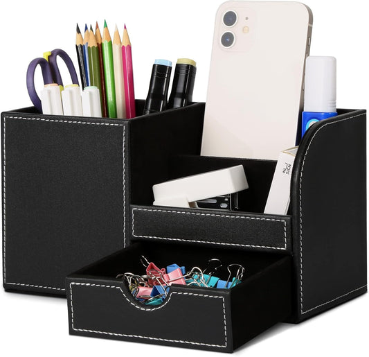 GORESE Organisateur de Bureau, Rangement de Bureau en Cuir Pot à Crayons Porte-Stylo Peu Encombrant, 4 Compartiments de Stylos, Agrafeuses, Dossiers, Notes Autocollantes, Téléphones(Noir 1)