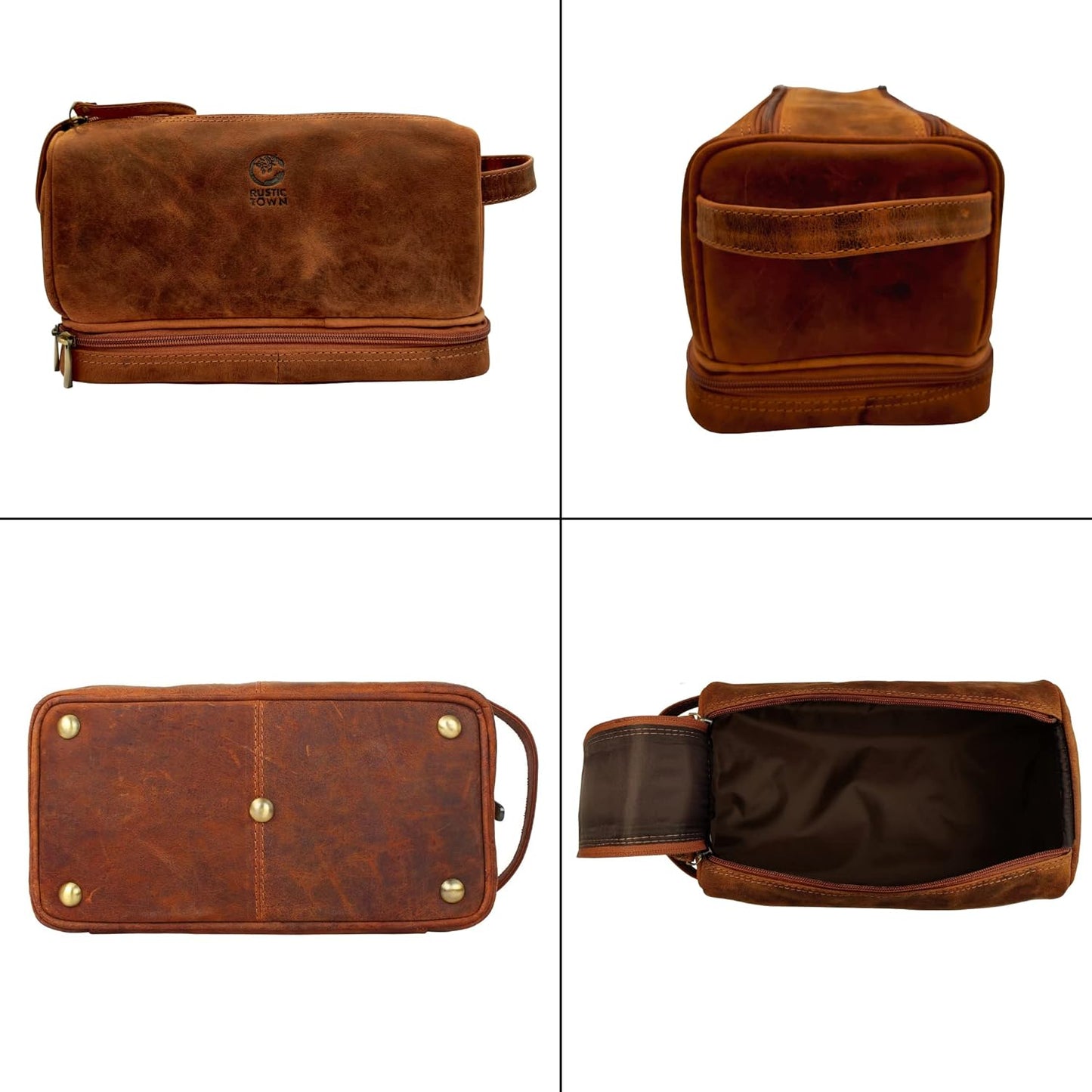 Rustic Town Trousse de Toilette de Voyage en Cuir pour Homme
Trousse de toilette en cuir marron Rustic Town — vue de face

Trousse de toilette homme en cuir — compartiment inférieur zippé

Trousse de voyage en cuir — organisation intérieure

Trousse de toilette Rustic Town — poignée et fermetures YKK

Trousse de toilette — format compact pour valise