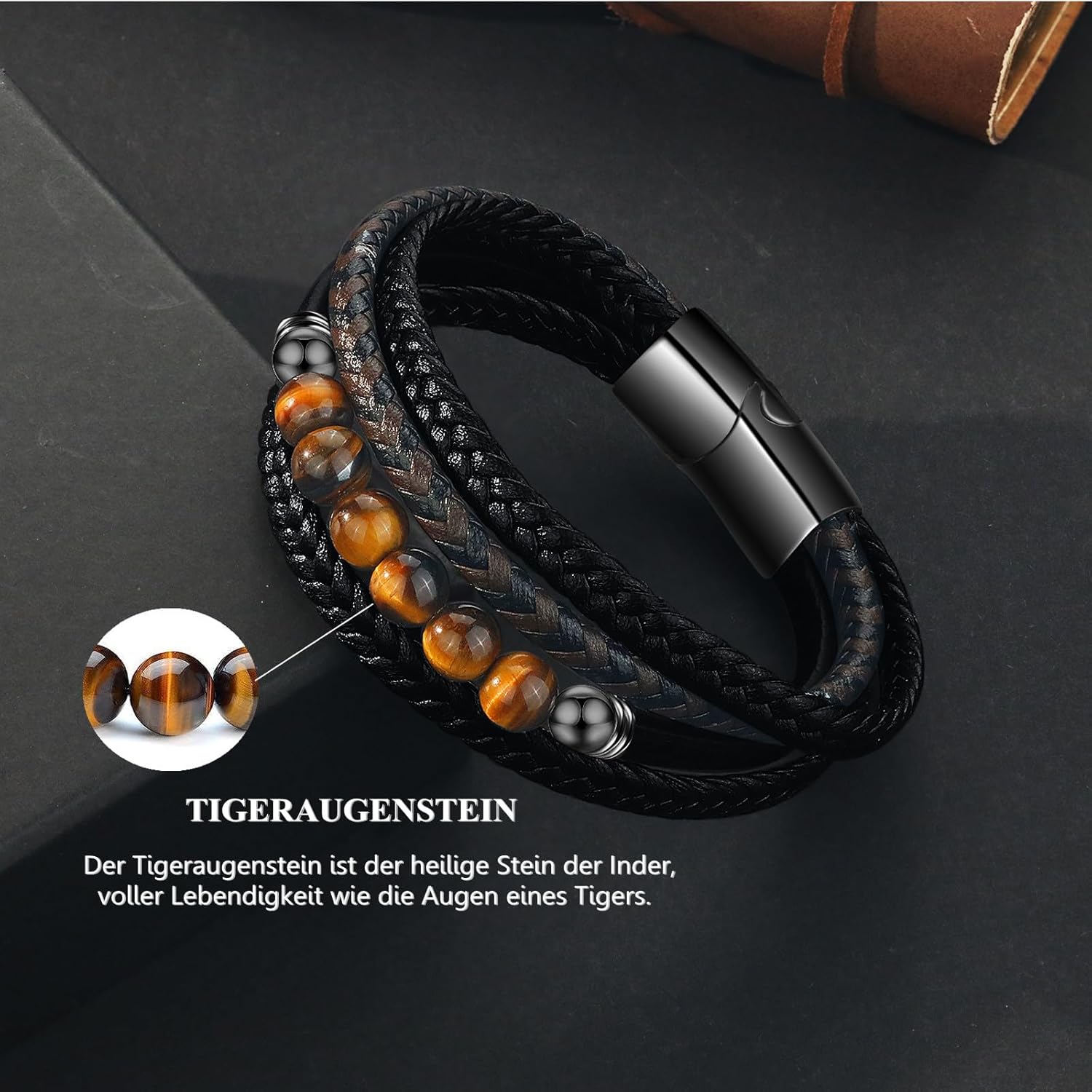 Gkmamrg Bracelet Pierre en cuir noir - Bracelet pour homme - Bijoux Cadeau 22.5cm