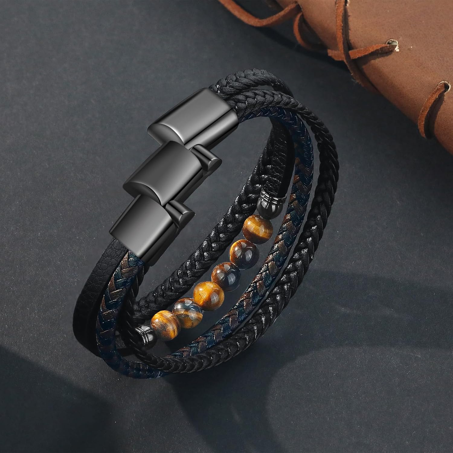 Gkmamrg Bracelet Pierre en cuir noir - Bracelet pour homme - Bijoux Cadeau 22.5cm