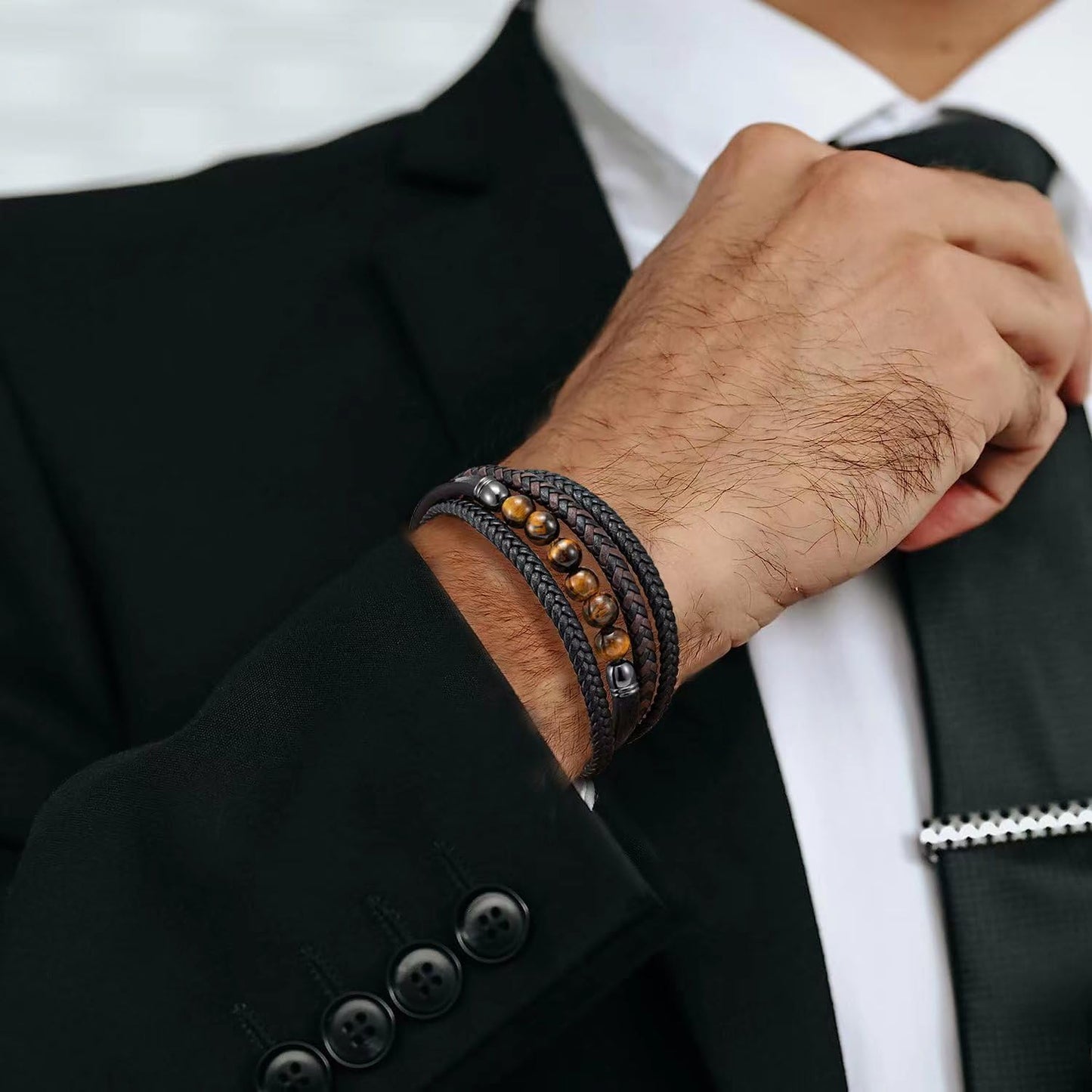 Gkmamrg Bracelet Pierre en cuir noir - Bracelet pour homme - Bijoux Cadeau 22.5cm