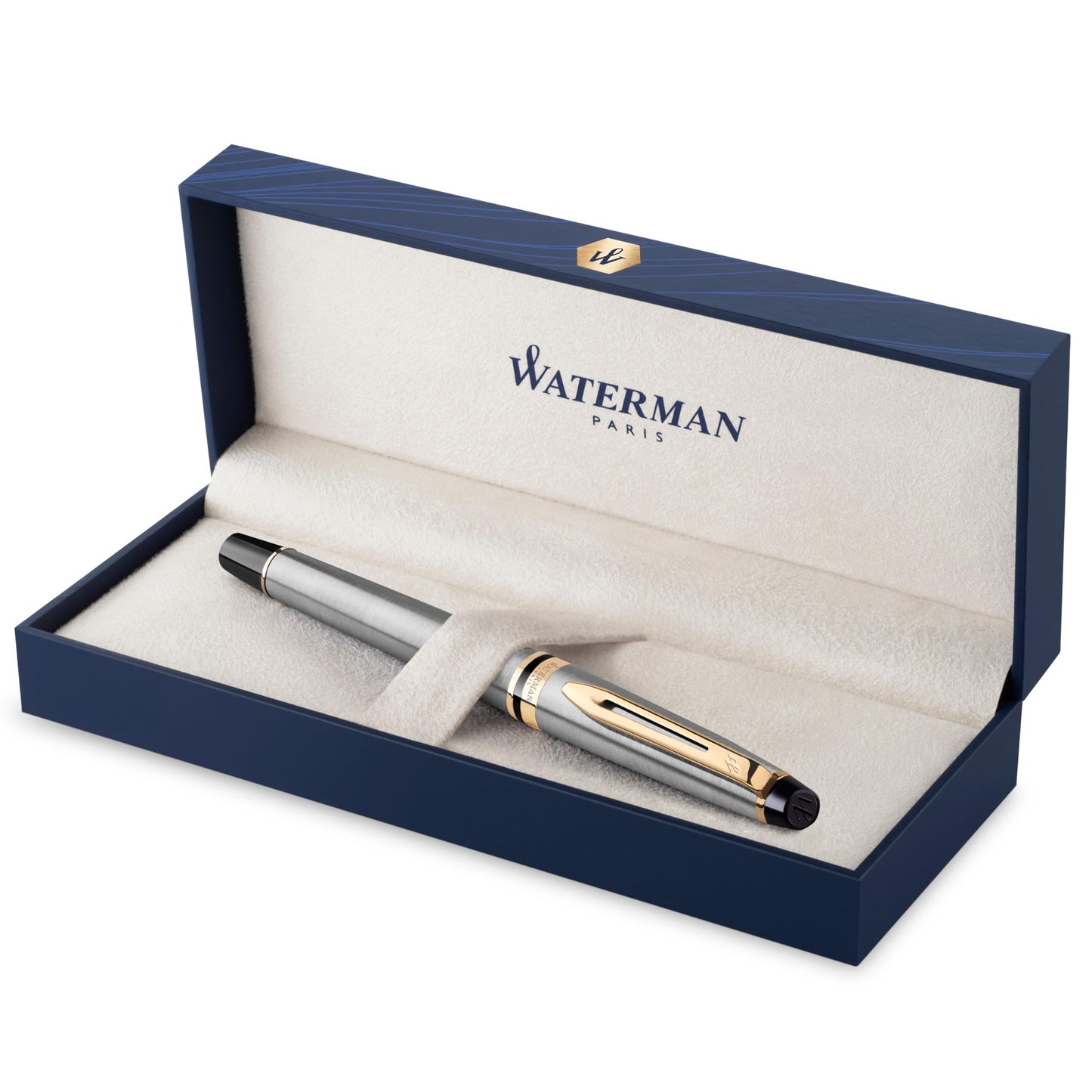 WATERMAN Expert Stylo Plume | Noir Brillant avec attributs dorés à l'or Fin 23 k | Plume Fine | Coffret Cadeau