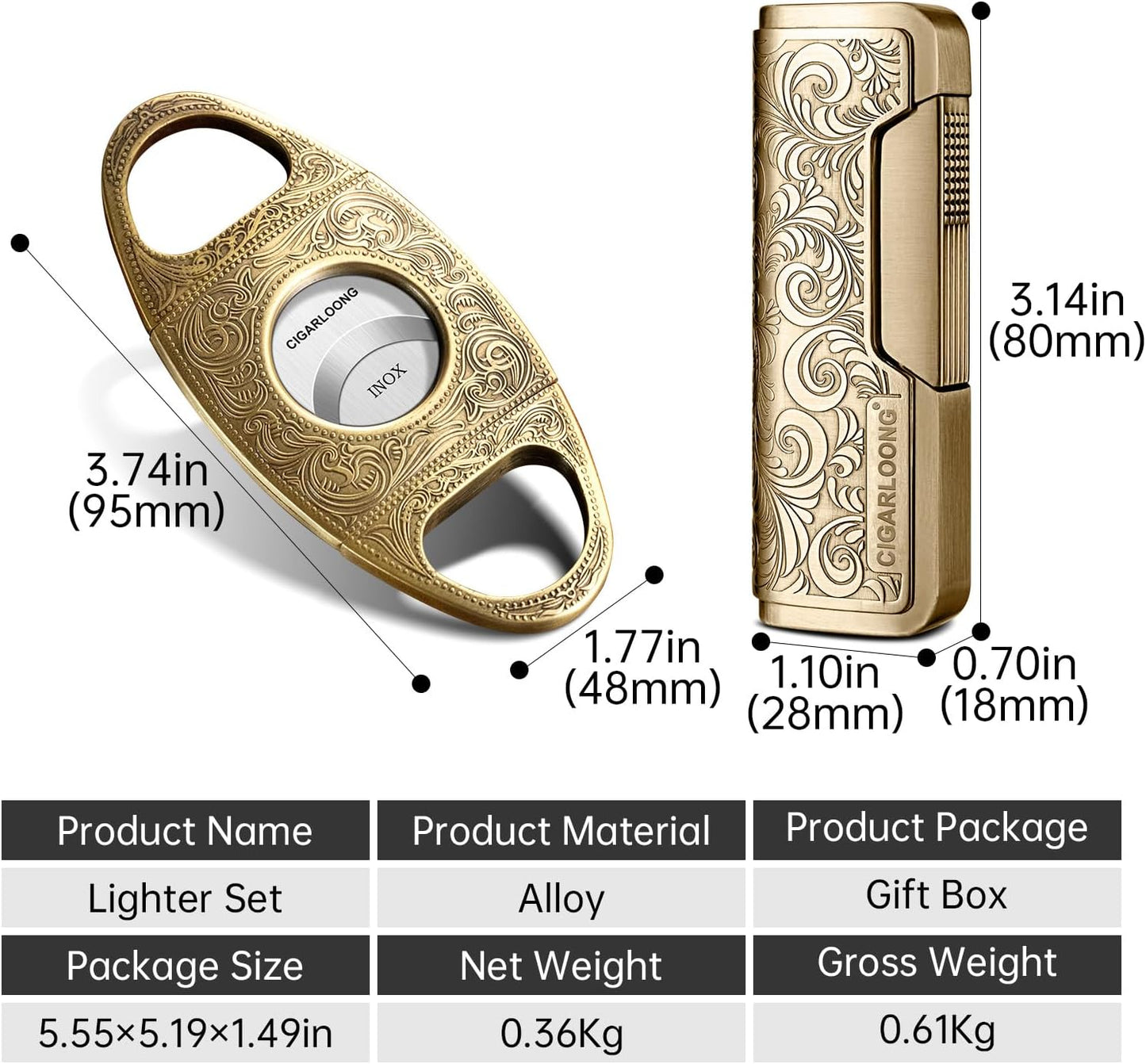 CIGARLOONG Coupe Cigare et Briquet Ensemble Lame Tranchante Guillotine à Cigare Gravée et Briquet Sculpté Rétro (Argent)
