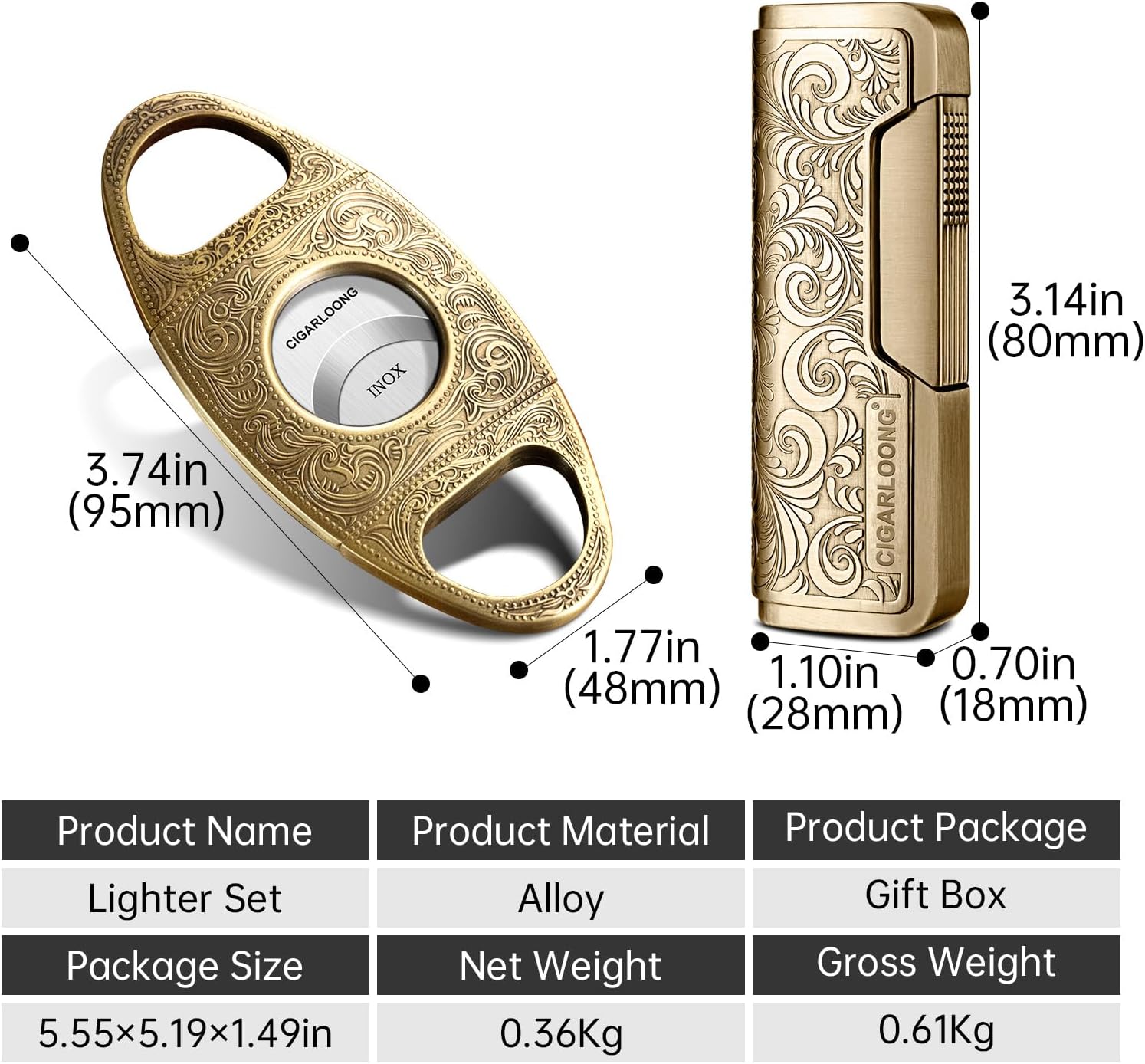 CIGARLOONG Coupe Cigare et Briquet Ensemble Lame Tranchante Guillotine à Cigare Gravée et Briquet Sculpté Rétro (Argent)