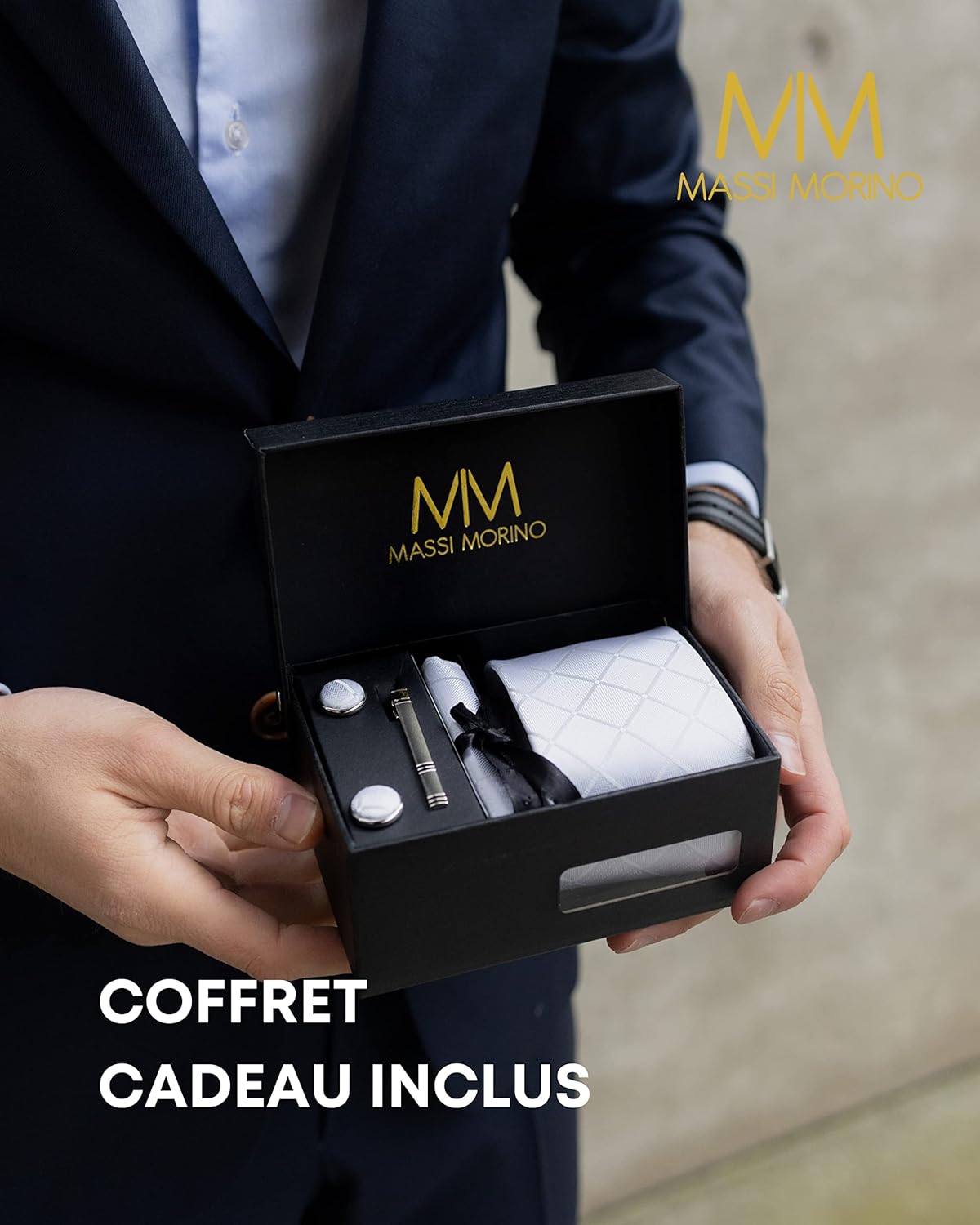 Cravate Homme - avec mouchoirs de poche, boutons de manchette et Pinces à cravates | Coffret cadeau | Accessoires de Fete de Mariage