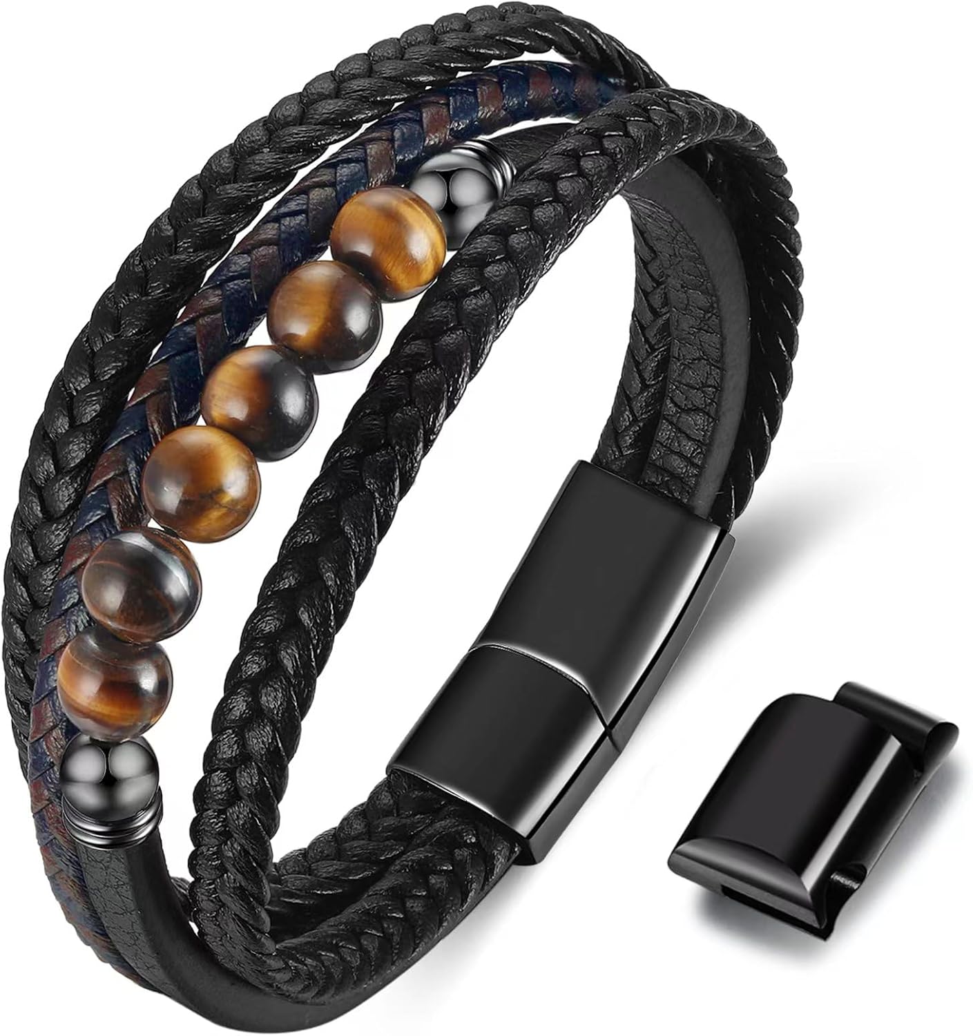 Gkmamrg Bracelet Pierre en cuir noir - Bracelet pour homme - Bijoux Cadeau 22.5cm