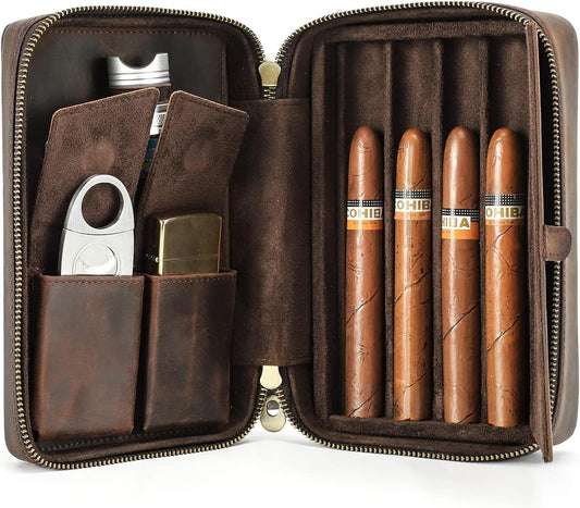 Hiram Cave à cigares en cuir véritable portable multifonction pour homme, 5012-café, For 4 Cigars, Cuir vintage