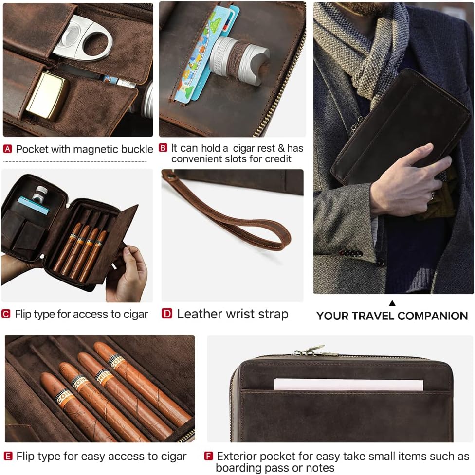 Hiram Cave à cigares en cuir véritable portable multifonction pour homme, 5012-café, For 4 Cigars, Cuir vintage