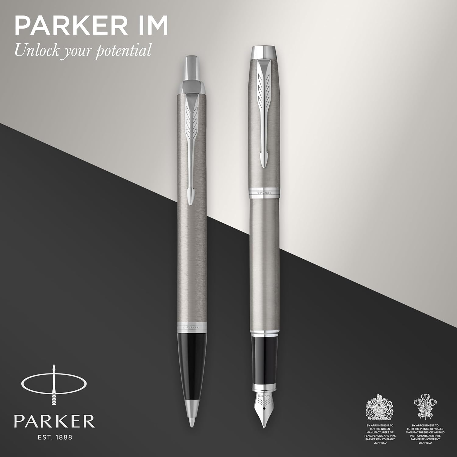 Coffret Parker IM Duo | Stylo Plume, stylo bille et étui à Stylo | Finition acier inoxydable avec garnitures chromées | Pointe moyenne | Recharges d’encre bleue | Le cadeau de fin d’études idéal