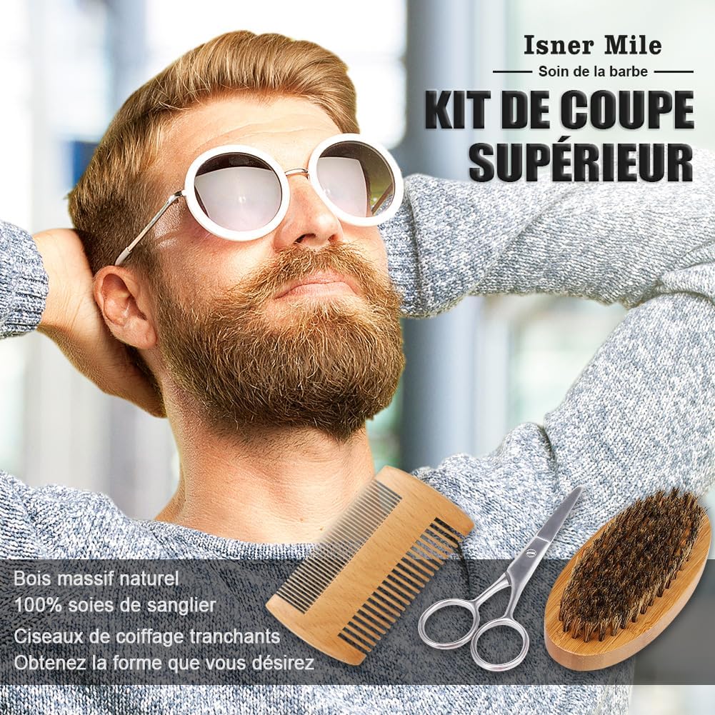 Kit Barbe pour Hommes, Coffrets de Soins pour Cheveux avec Huile à Barbe, Ciseaux pour Moustache et Barbe, Brosse Barbe, Shampooing Barbe, Peigne, Cadeau pour Homme, Coffret Cadeau Homme pour Papa