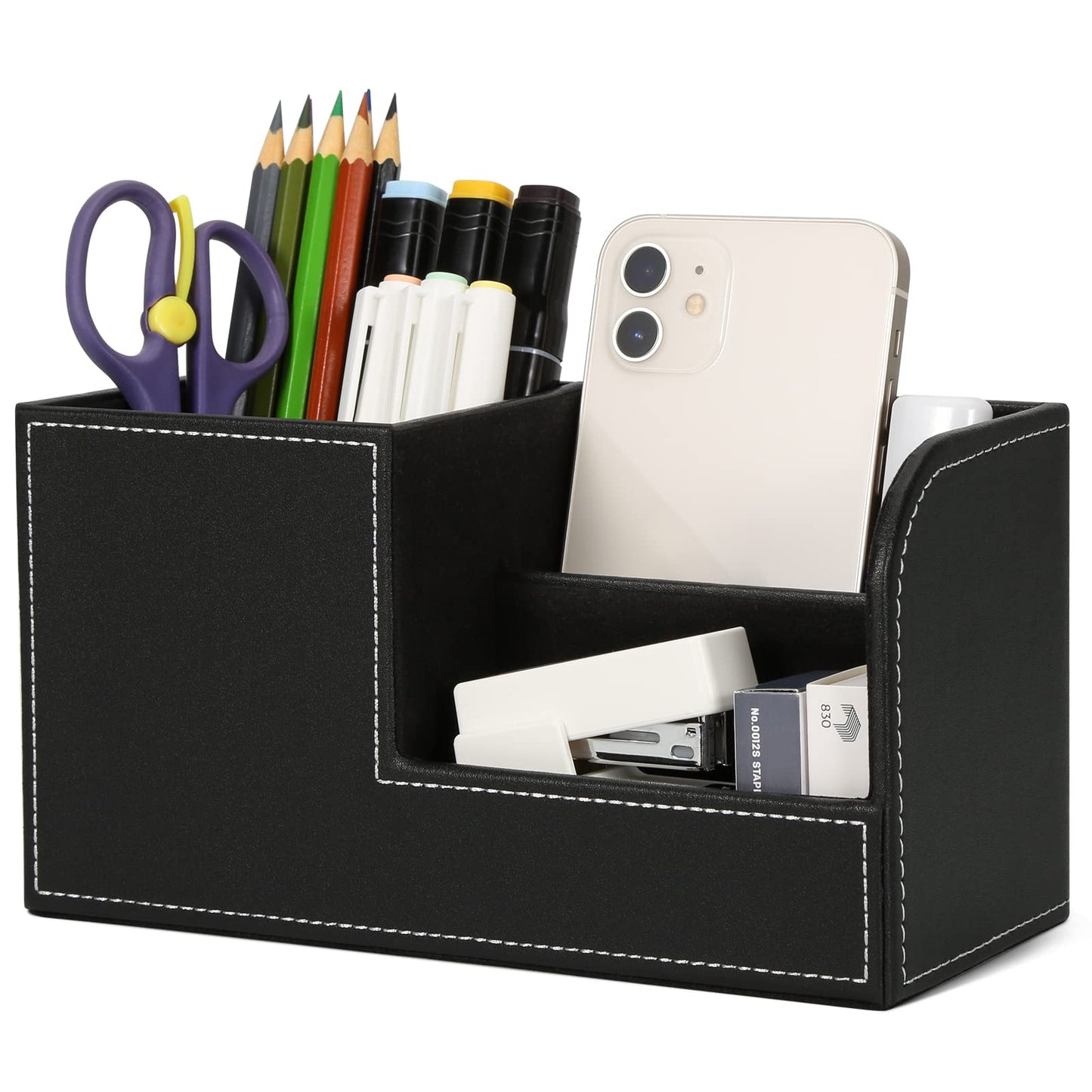 GORESE Organisateur de Bureau, Rangement de Bureau en Cuir Pot à Crayons Porte-Stylo Peu Encombrant, 4 Compartiments de Stylos, Agrafeuses, Dossiers, Notes Autocollantes, Téléphones(Noir 1)
