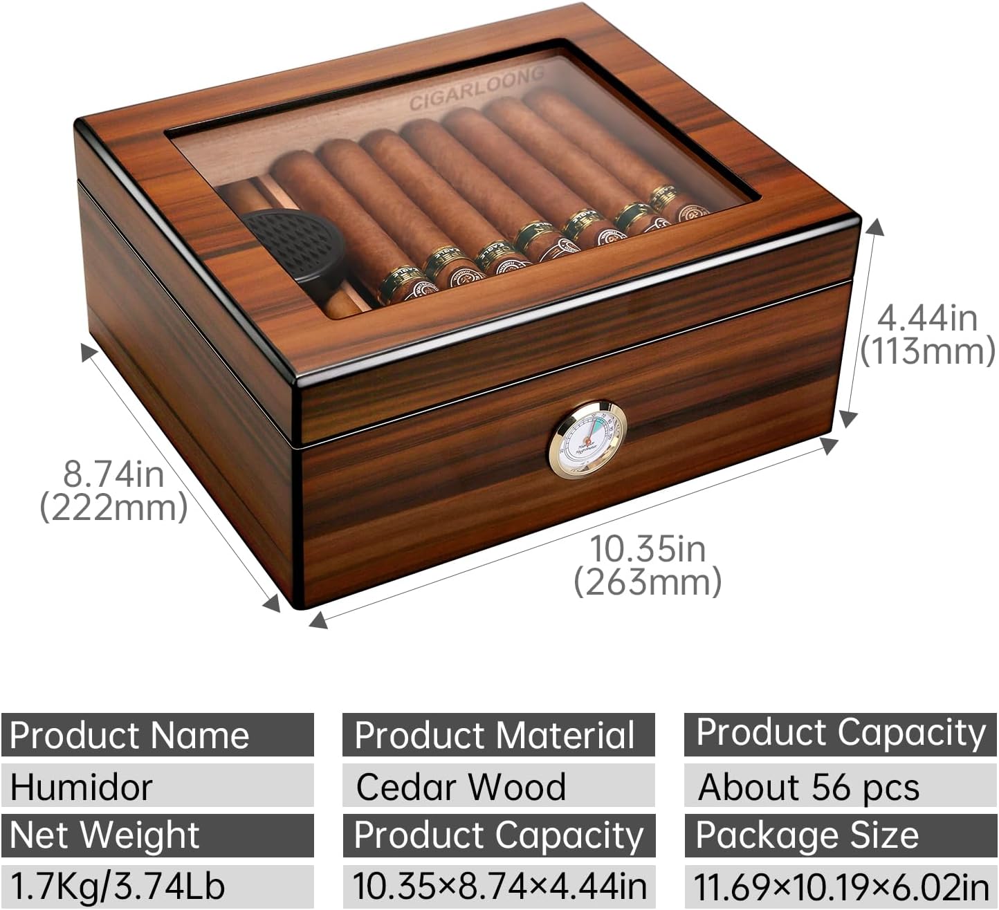 CIGARLOONG Humidor 45-56 en Verre Artisanal boîte de Rangement de Bureau en Bois de cèdre avec diviseur, humidificateur et hygromètre, Brun (Medium)
