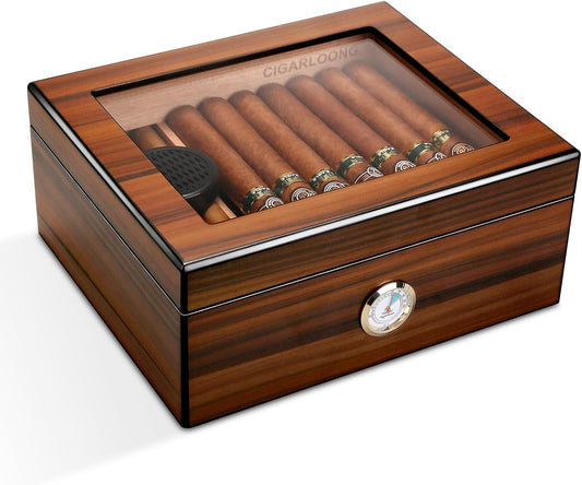 CIGARLOONG Humidor 45-56 en Verre Artisanal boîte de Rangement de Bureau en Bois de cèdre avec diviseur, humidificateur et hygromètre, Brun (Medium)